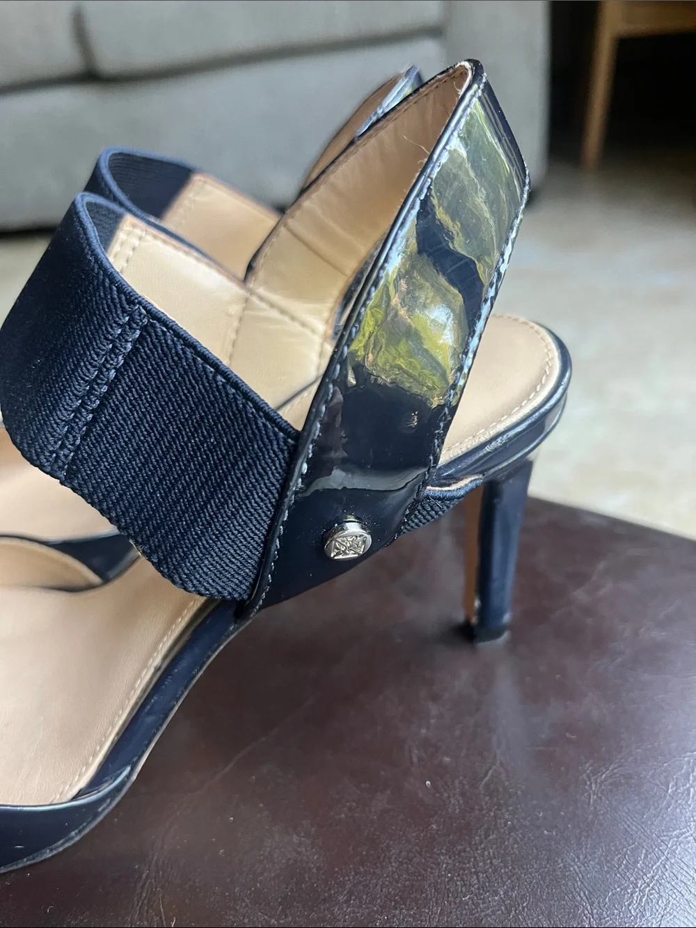 ANTONIO MELANI Navy Patent Slingback Heels with Wide Elastic Strap 6.5